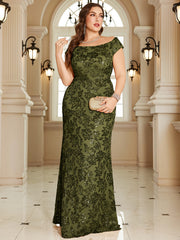 Navy Blue Floral Sequin Off‑Shoulder Sheath Maxi Gown