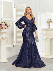 Champagne Gold Sequin Bell Sleeve Mermaid Evening Gown