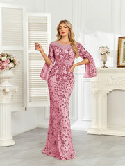 Royal Blue Sequin Split Flare‑Sleeve Mermaid Evening Gown