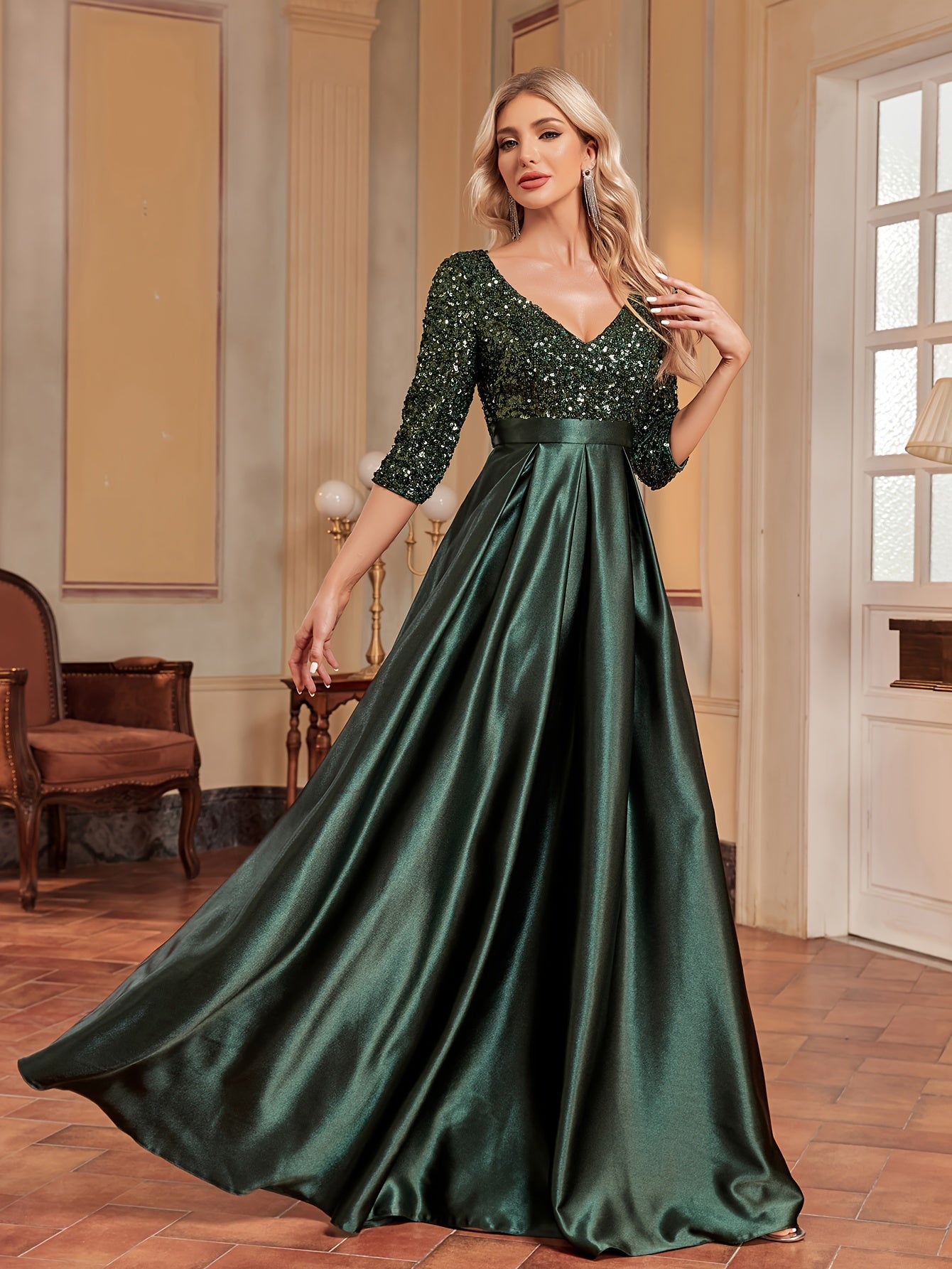 Sequined V-neck Splicing Dress | XUIBOL