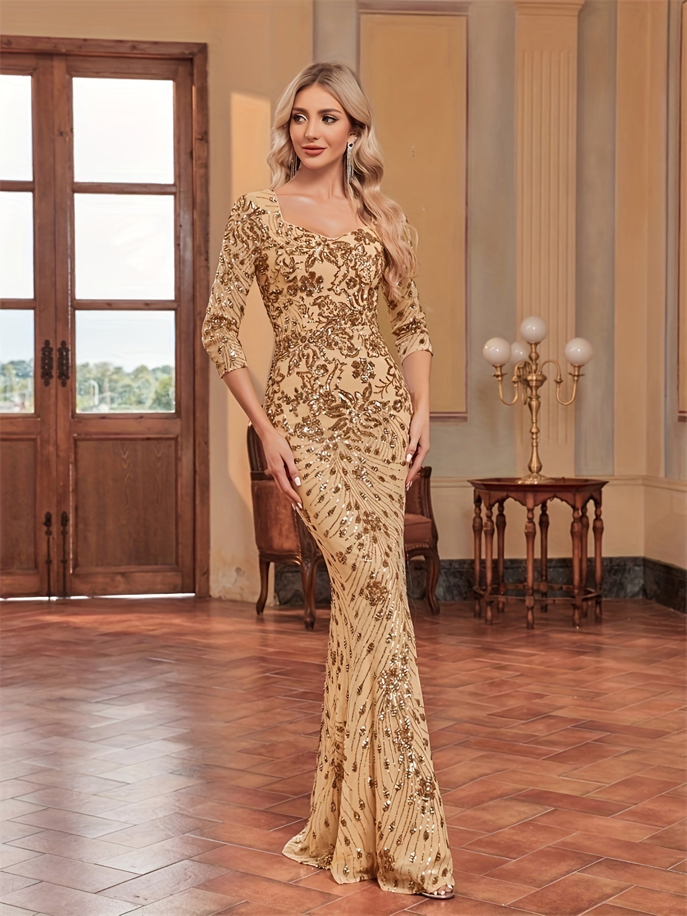 Sequin Decor Mermaid Bridesmaid Dress, Elegant Three-quarter Sleeve Slim Dress For Wedding Party | XUIBOL