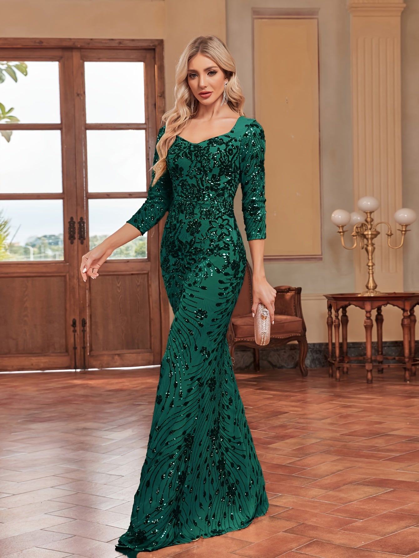 Sequin Decor Mermaid Bridesmaid Dress, Elegant Three-quarter Sleeve Slim Dress For Wedding Party | XUIBOL