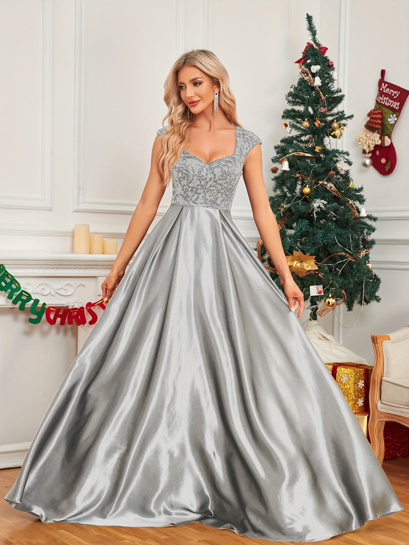 Cap Sleeve Embroidered Dress, Elegant V-neck Floor Length Dress For Wedding Party | XUIBOL