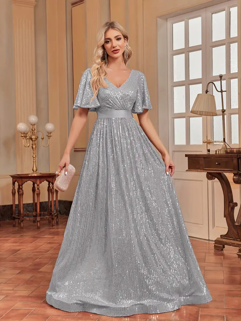 Flutter Sleeve A-line Sequin Dress | XUIBOL
