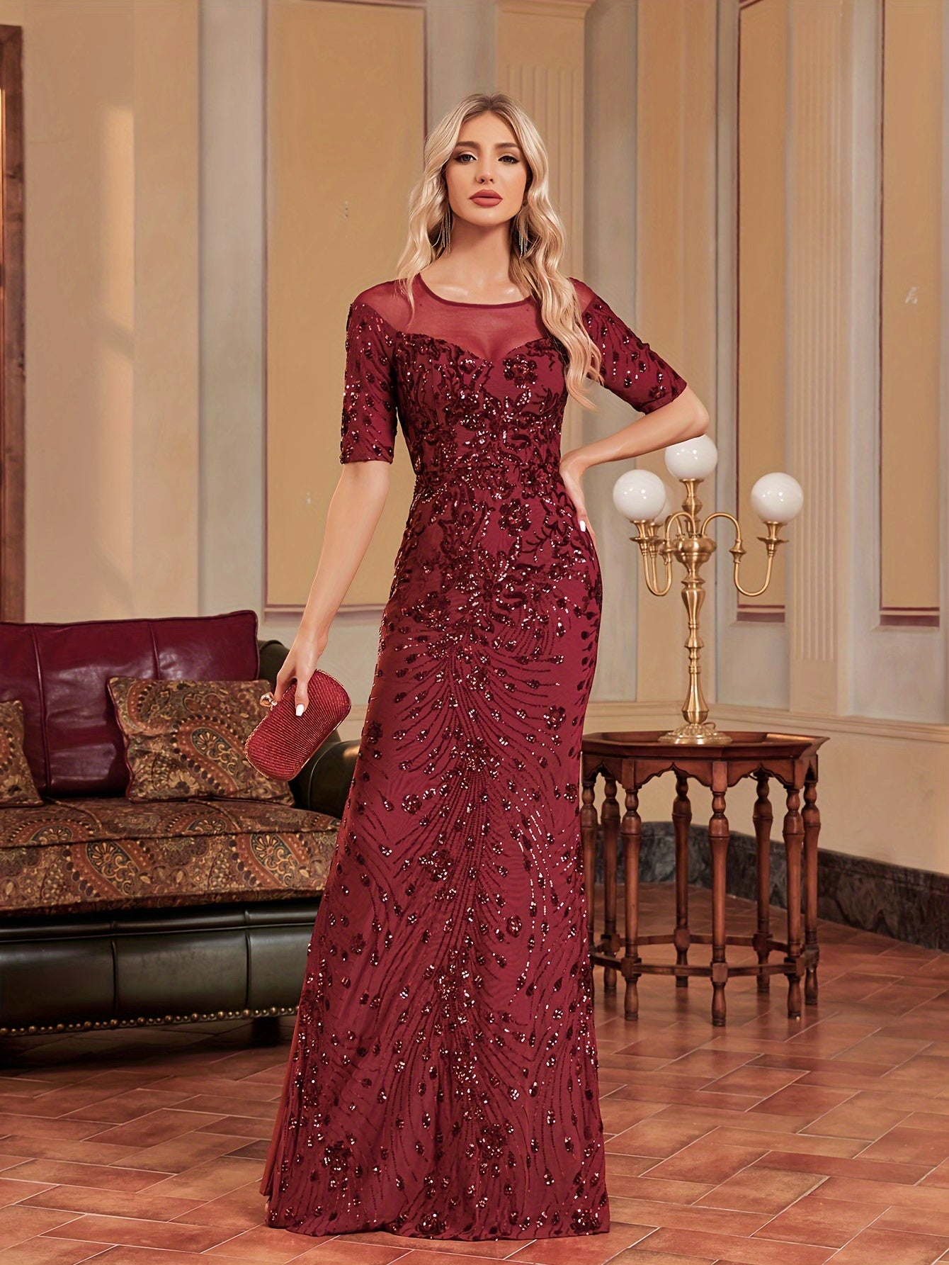 Sequin Illusion Neck Mermaid Dress | XUIBOL