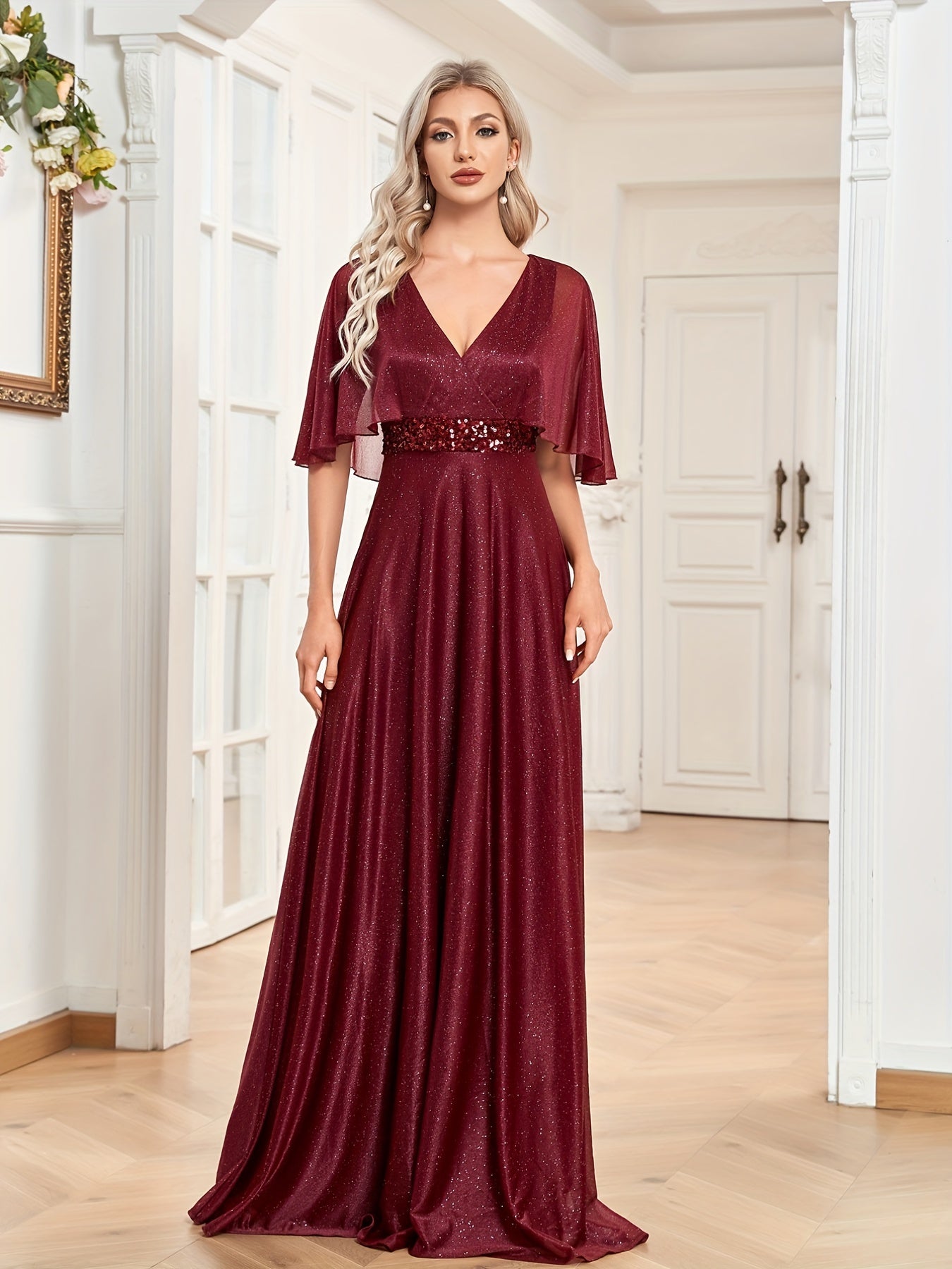 Cape Sleeve Sequin Bridesmaid Dress, Elegant Surplice Neck Floor Length Dress For Wedding Party | XUIBOL