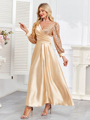 Champagne Satin Sequin Lantern Sleeve A‑Line Evening Gown
