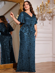 Royal Blue Sequin Flutter Sleeve Mermaid Evening Gown
