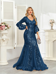 Champagne Gold Sequin Bell Sleeve Mermaid Evening Gown