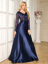Navy Colorful Sequin Lapel V Neck Long Sleeve A-Line Floor Evening Gown