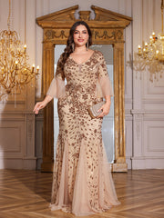 Bronze Gold Floral Sequin 3/4 Bell Sleeve Mesh Mermaid Plus Size Evening Gown