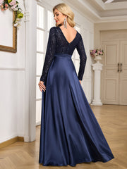 Navy Blue Sequin Long Sleeve Wrap V Neck High Slit Satin Evening Gown