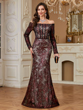 Burgundy Sequin Corset Off Shoulder Mermaid Evening Gown