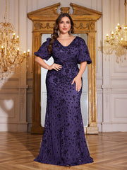 Navy Blue Sequin Puff Short Sleeve Mermaid Plus Size Evening Gown