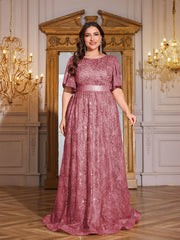 Rose Gold Sequin Flutter Sleeve Empire Waist A‑Line Plus Size Evening Gown