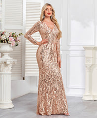 Rose Gold Wave Sequin Slim Mermaid Evening Dress
