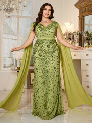 Avocado Green Floral Sequin V‑Neck Cape Sleeve Plus‑Size Mermaid Evening Gown