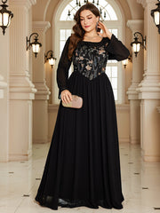 Black Floral Embroidery High Waist Plus Size Maxi Evening Dress