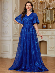 Royal Blue Sequin Flutter‑Sleeve High Waist A‑Line Evening Gown