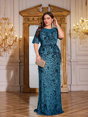 Teal Green Sequin Short Sleeve Mermaid Plus Size Evening Gown