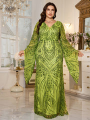 Lime‑Green Beaded Bell‑Sleeve Sheath Plus Size Evening Gown