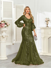 Champagne Gold Sequin Bell Sleeve Mermaid Evening Gown