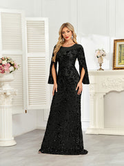 Royal Blue Sequin Split Flare‑Sleeve Mermaid Evening Gown