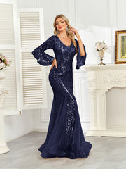 Champagne Gold Sequin Bell Sleeve Mermaid Evening Gown