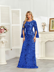 Royal Blue Sequin Split Flare‑Sleeve Mermaid Evening Gown
