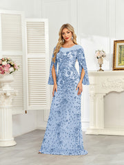 Royal Blue Sequin Split Flare‑Sleeve Mermaid Evening Gown