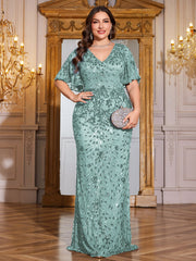 Royal Blue Sequin Flutter Sleeve Mermaid Evening Gown