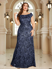 Navy Blue Floral Sequin Off‑Shoulder Sheath Maxi Gown