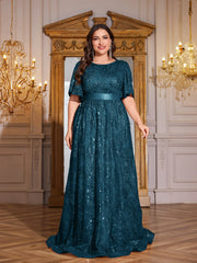 Rose Gold Sequin Flutter Sleeve Empire Waist A‑Line Plus Size Evening Gown