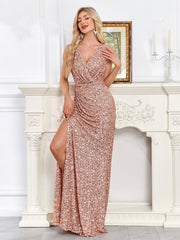 Rose Gold Sequin Surplice V‑Neck Sleeveless High Slit Evening Gown