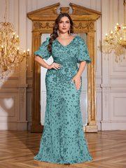 Navy Blue Sequin Puff Short Sleeve Mermaid Plus Size Evening Gown
