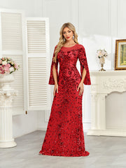 Royal Blue Sequin Split Flare‑Sleeve Mermaid Evening Gown