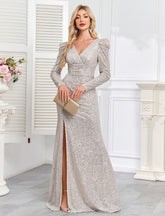 Champagne Silver Sequin Ruched Mermaid Long Evening Dress