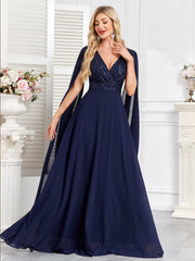 Navy Blue Sequin V‑Neck Cape Sleeve A‑Line Chiffon Evening Gown