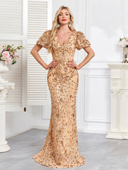 Champagne Gold Sequin Embellished V-Neck Mermaid Evening Gown