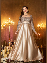 Champagne Silver Beaded High‑Waist A‑Line Plus Size Evening Gown