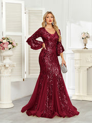 Champagne Gold Sequin Bell Sleeve Mermaid Evening Gown