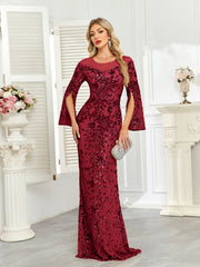 Royal Blue Sequin Split Flare‑Sleeve Mermaid Evening Gown