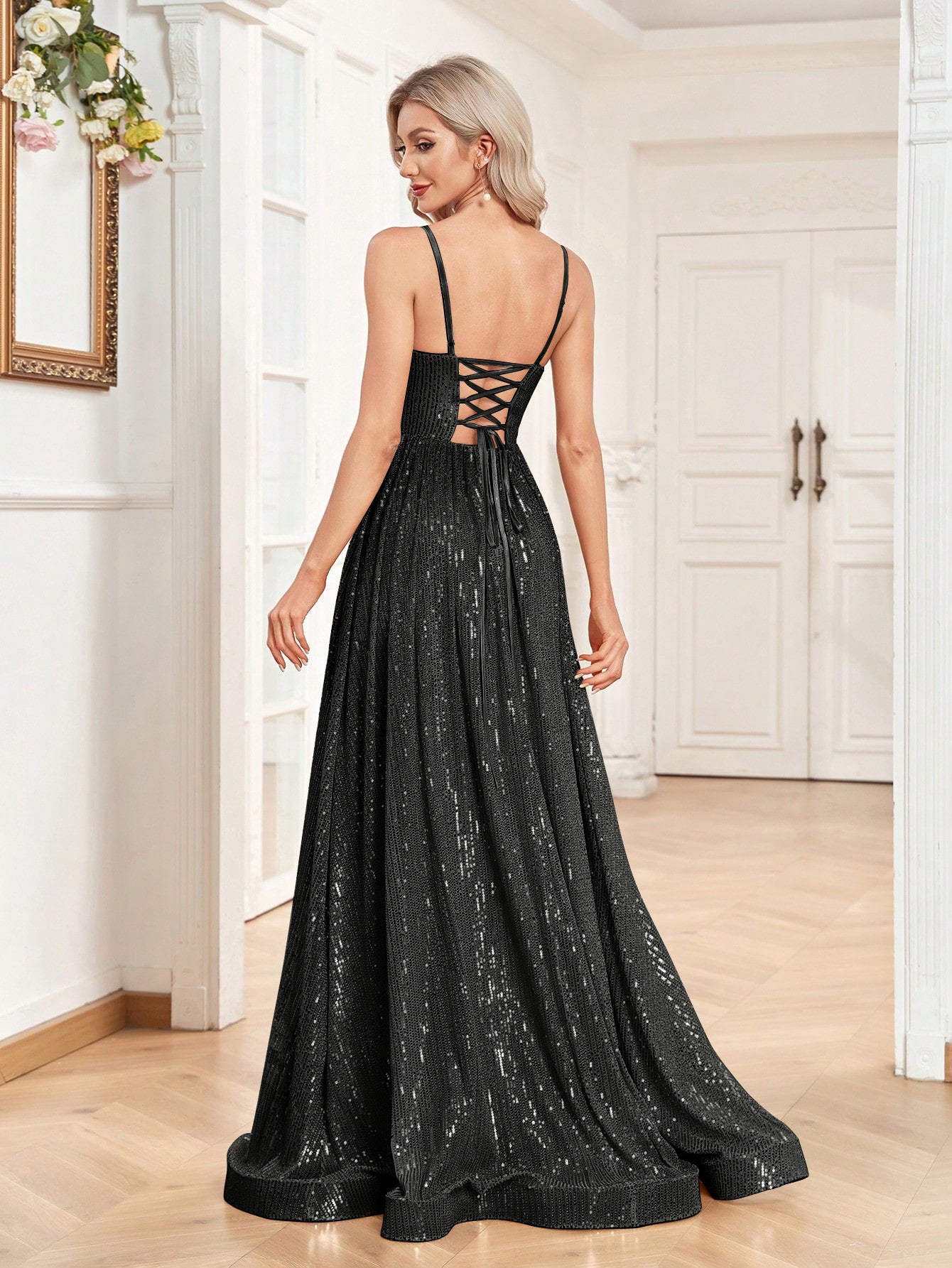 Sequined Bridesmaid Strap Dress, Elegant V-neck Floor Length Dress For Wedding Party | XUIBOL