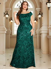 Navy Blue Floral Sequin Off‑Shoulder Sheath Maxi Gown