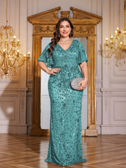 Royal Blue Sequin Flutter Sleeve Mermaid Evening Gown
