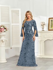 Royal Blue Sequin Split Flare‑Sleeve Mermaid Evening Gown