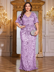 Royal Blue Sequin Flutter Sleeve Mermaid Evening Gown