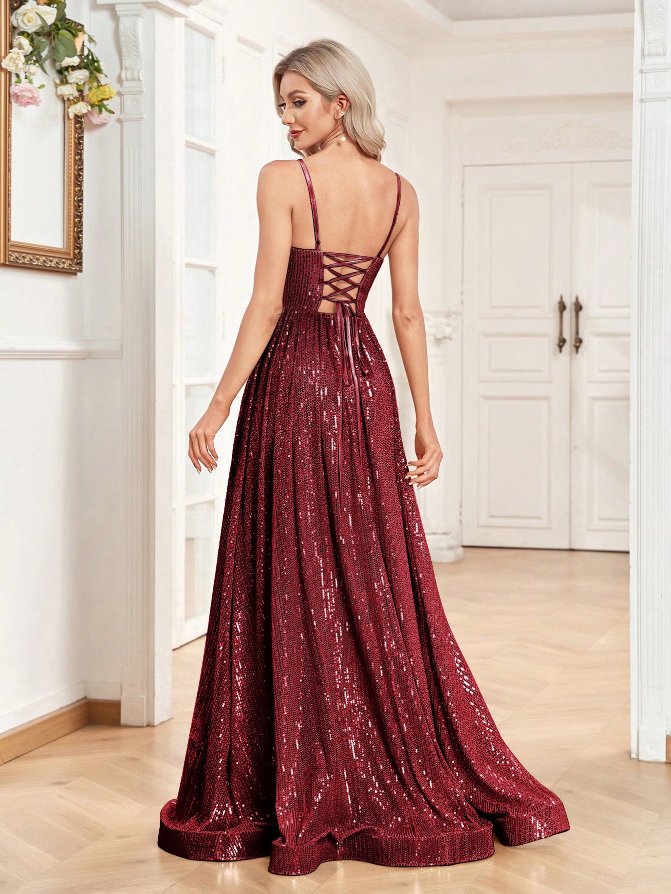 Sequined Bridesmaid Strap Dress, Elegant V-neck Floor Length Dress For Wedding Party | XUIBOL