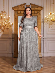 Rose Gold Sequin Flutter Sleeve Empire Waist A‑Line Plus Size Evening Gown