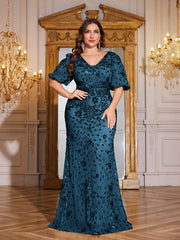 Navy Blue Sequin Puff Short Sleeve Mermaid Plus Size Evening Gown